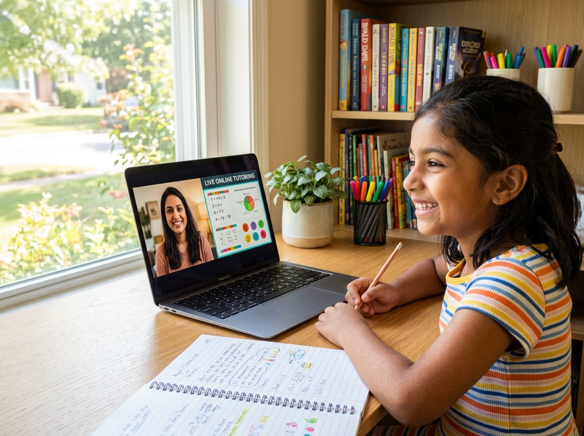 Smiling student participating in a live 1-on-1 online tutoring session on laptop