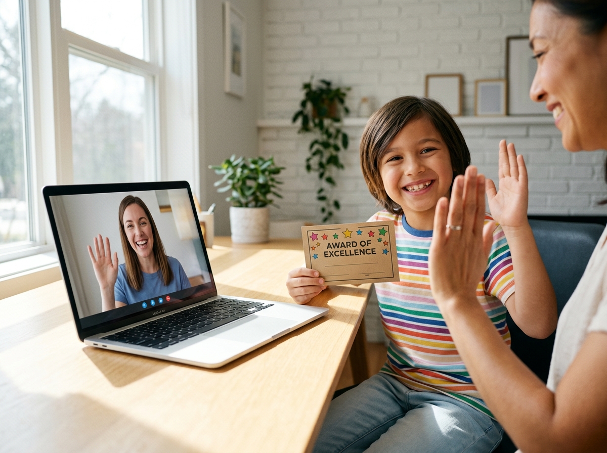 Student celebrating academic milestone with parent and online tutor