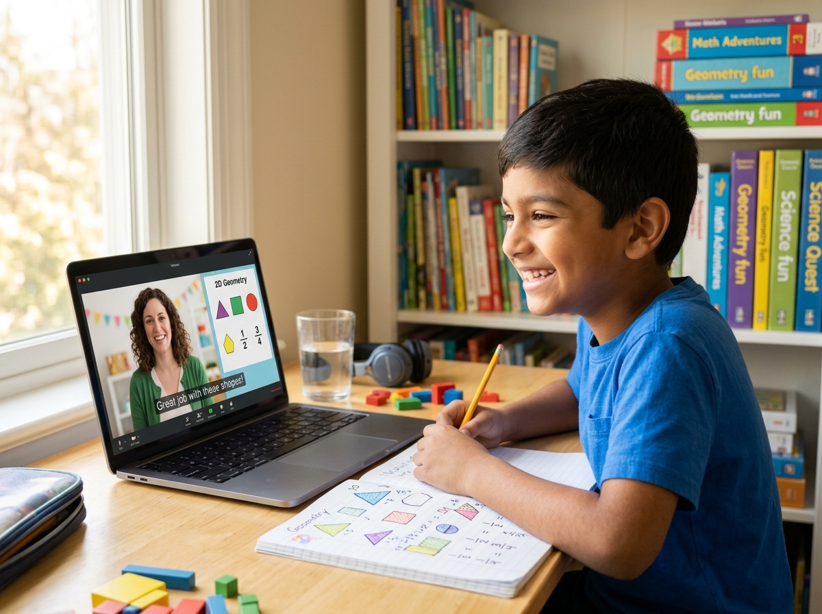 Happy student solving math problems during live online 1-on-1 tutoring session