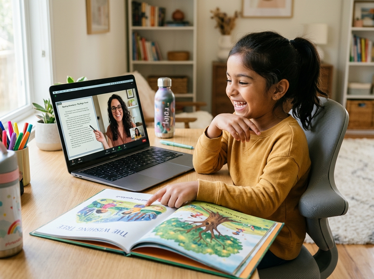 Young student joyfully reading illustrated storybook with online tutor