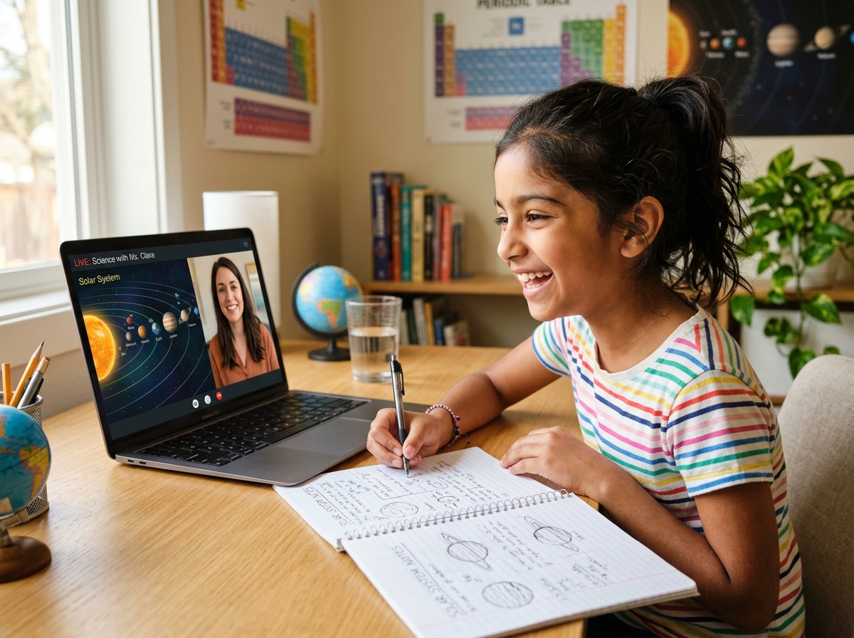 Student exploring 3D solar system and science concepts in live online class
